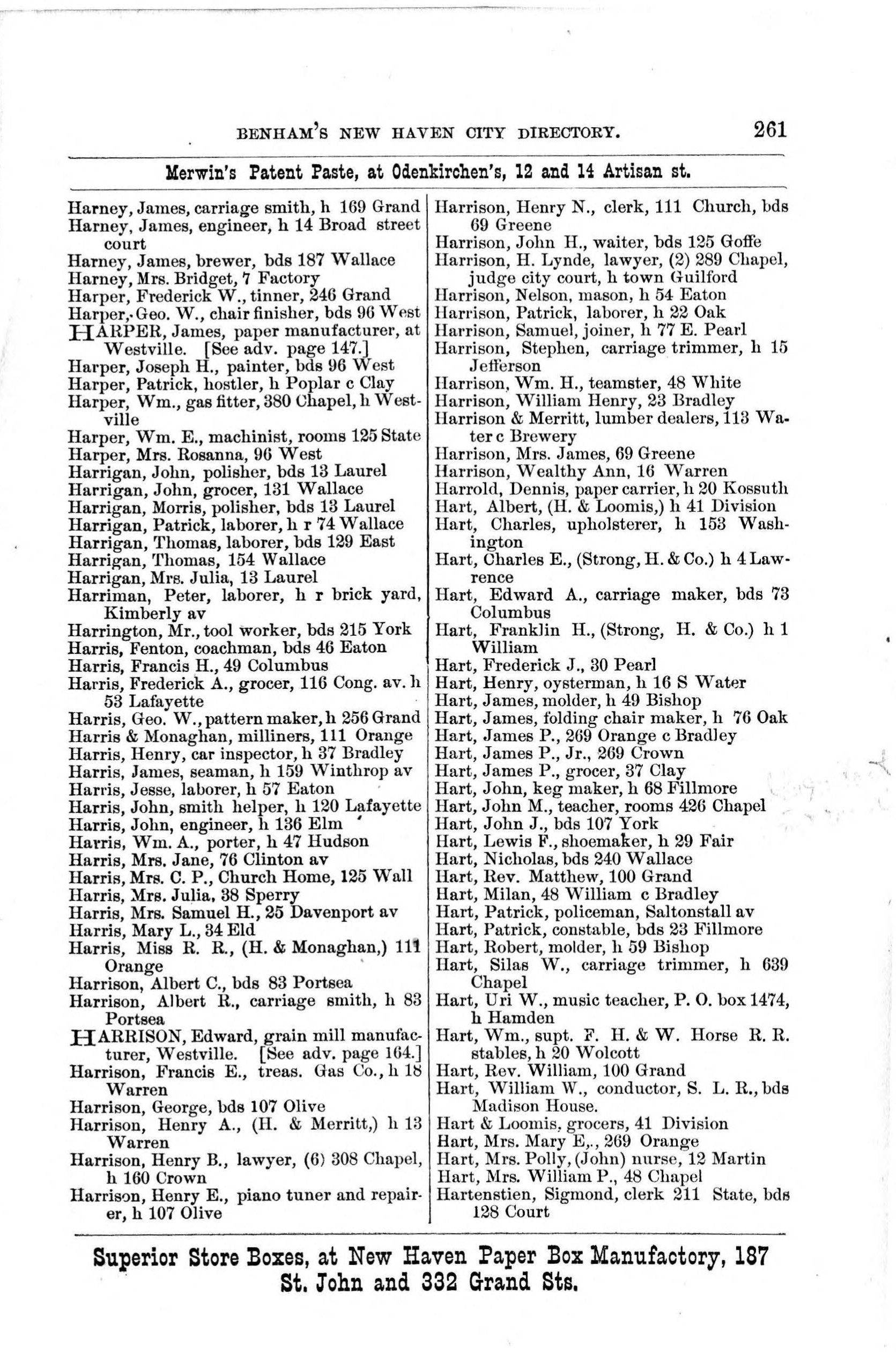 A directory entry for Mary E. Hart · 1872