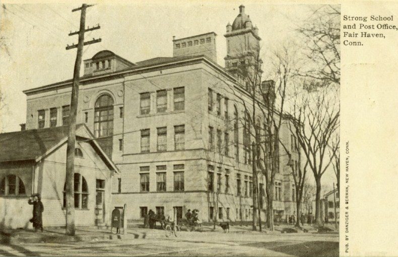 Strong School and U.S. Post Office · circa 1901–1907 (postcard format; photograph undated)