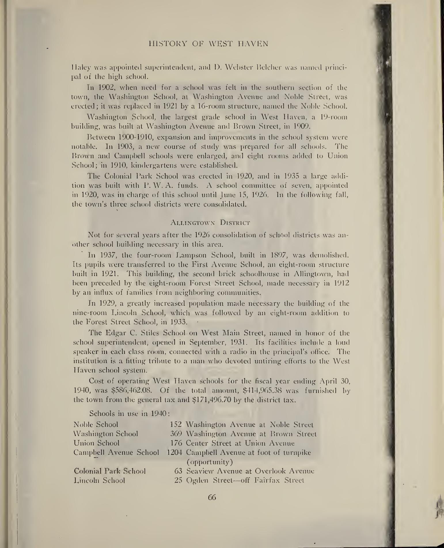 Washington and Stiles schools in the 1940 town history · 1940