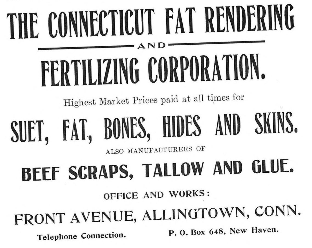 Advertisement locates the company’s office and works on Front Avenue, Allingtown, and names beef scraps, tallow and glue as manufactured products · 1911