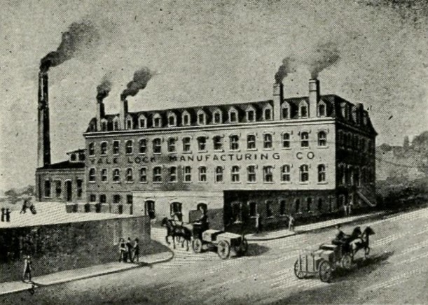 Historical illustration · Factory of Yale & Towne Mfg. Co., Stamford, Connecticut, 1873 · Unknown illustrator / Rodney Horace Yale, Yale Genealogy (1908) / Public domain