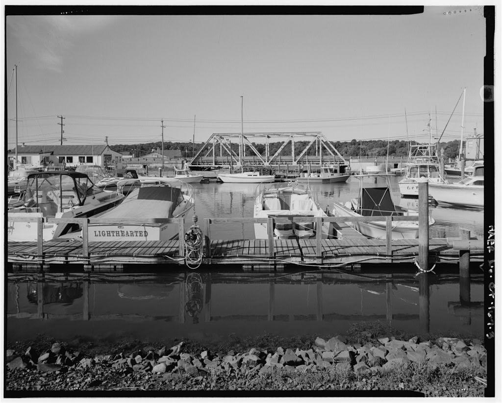 View looking north across marina - Singing Bridge, U.S. Route 1, over Patchogue River, Westbrook, Middlesex County, CT