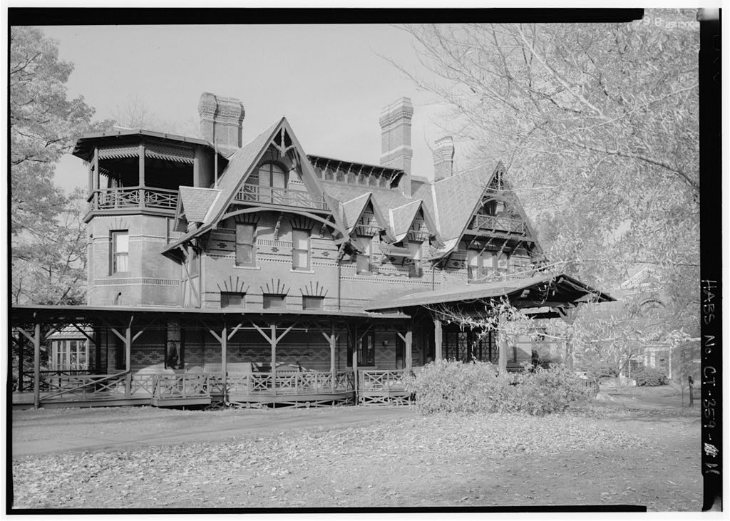 EXTERIOR, PARTIAL VIEW OF EAST (FRONT) ELEVATION FROM THE SOUTHEAST - Mark Twain House, 351 Farmington Avenue…