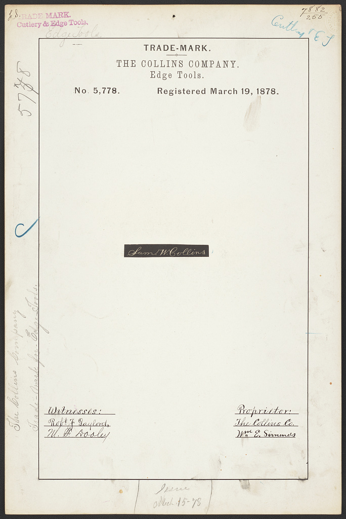 Collins edge-tool trademark registration, 1878 — 1878 Mar. 19.