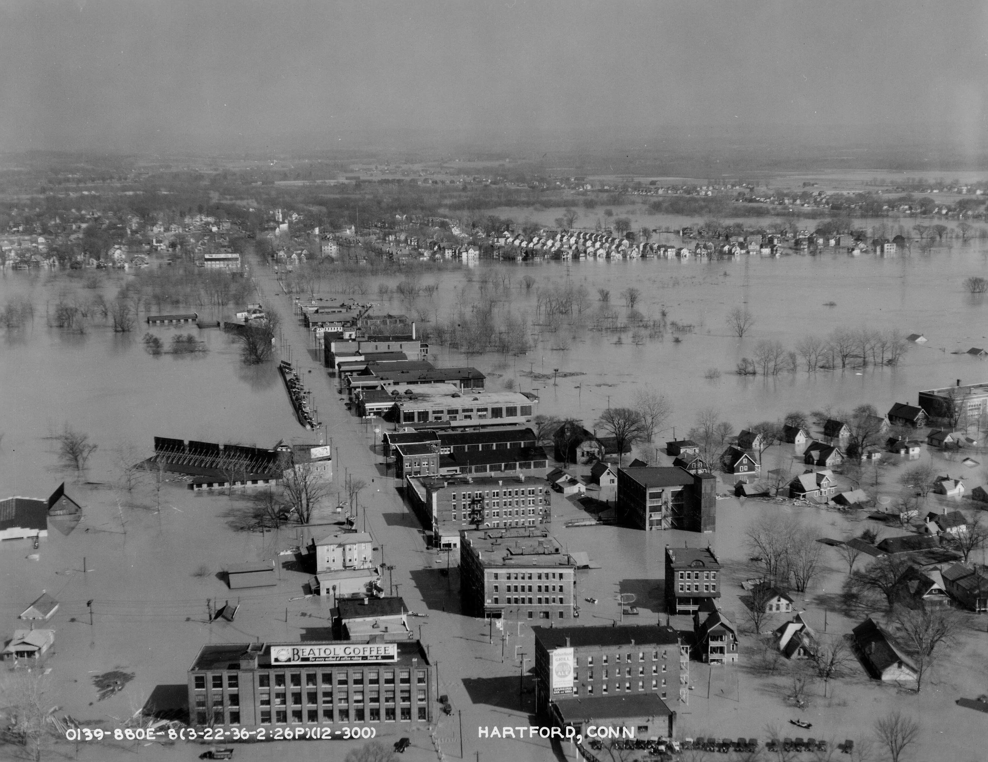 Hartford during the March 1936 flood, aerial view — March 22, 1936