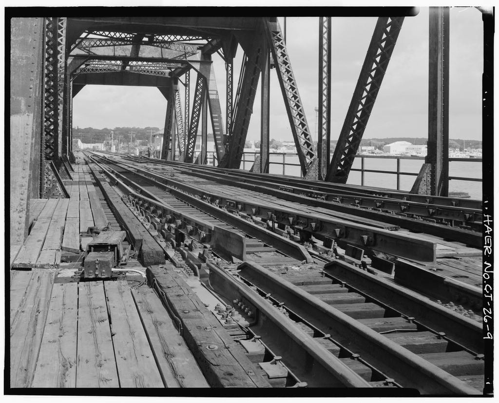 View, looking southeast, showing mitre rails with rail alignment guides on movable span