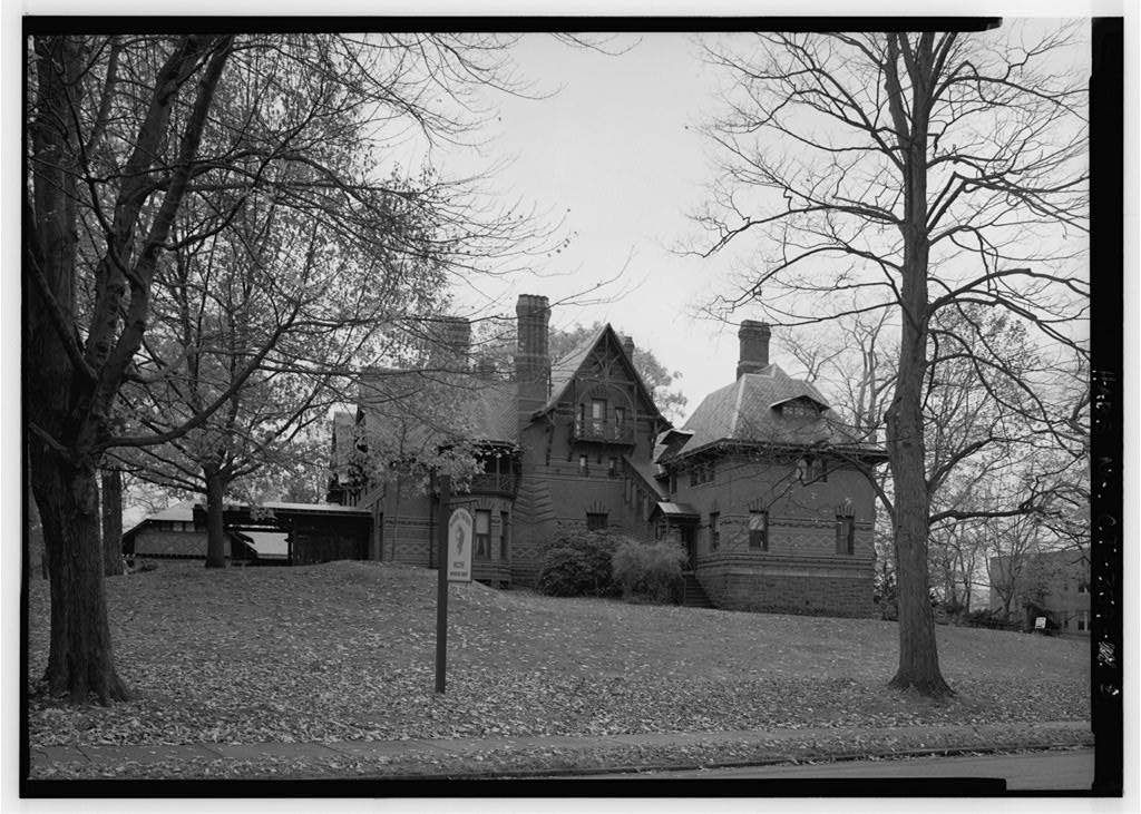 EXTERIOR, VIEW OF NORTH STREET ELEVATION FROM FARMINGTON AVENUE - Mark Twain House, 351 Farmington Avenue (corrected…