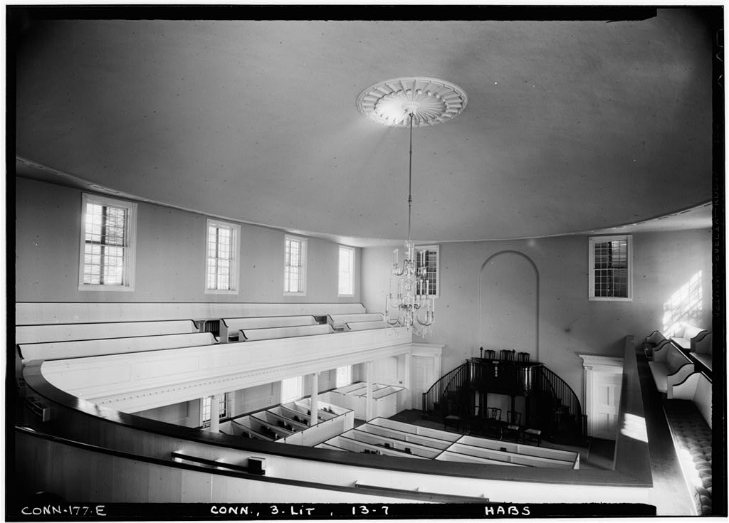 Interior, general view from south east corner of balcony looking toward pulpit end